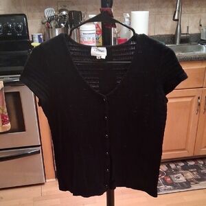 Women's Black Short-Sleeve Button-Down Knit Top